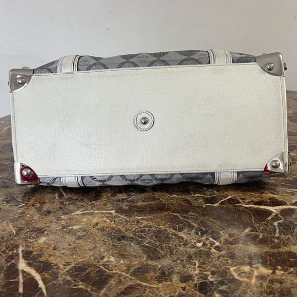 Authentic MCM Munchen Monogram Satchel Chain Handle Handbag Gray White - Picture 5 of 11